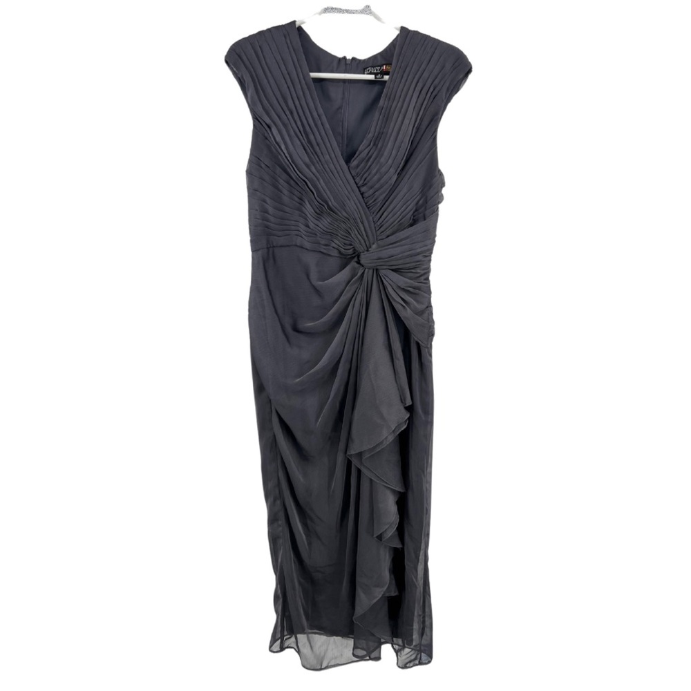 Adrianna Papell 10 gray evening gown formal pintuck ruffle flowy event party